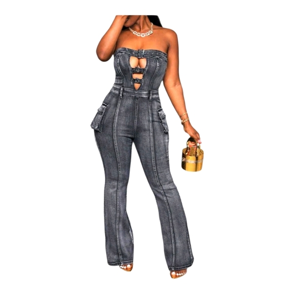 Fashion Nova Pants - Stylish Black Distressed  Strapless Denim Jumpsuit
